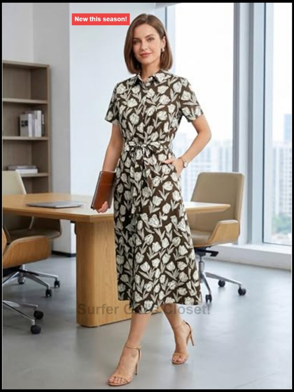 Women's Work Business Casual Tie Waist Midi Shirt Dress, Lightweight Polyester - Picture 3 of 6